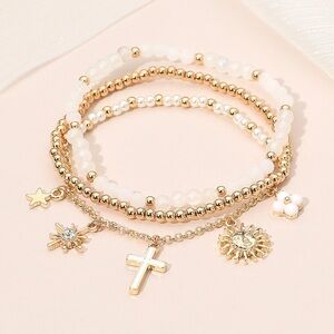 3PCS Cross Flower Star Sunburst Pearl Metal Ball Beaded Stretch Multi Bracelets
